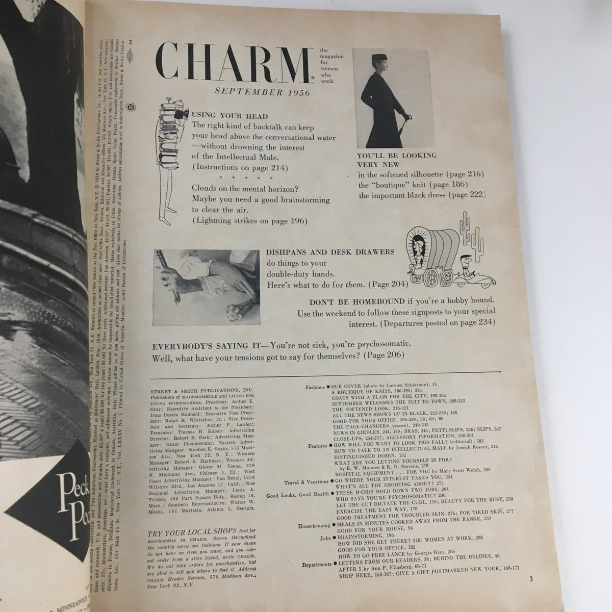 Interior page from Charm Magazine September 1956, presenting articles on fashion advice and lifestyle tips from the 1950s.