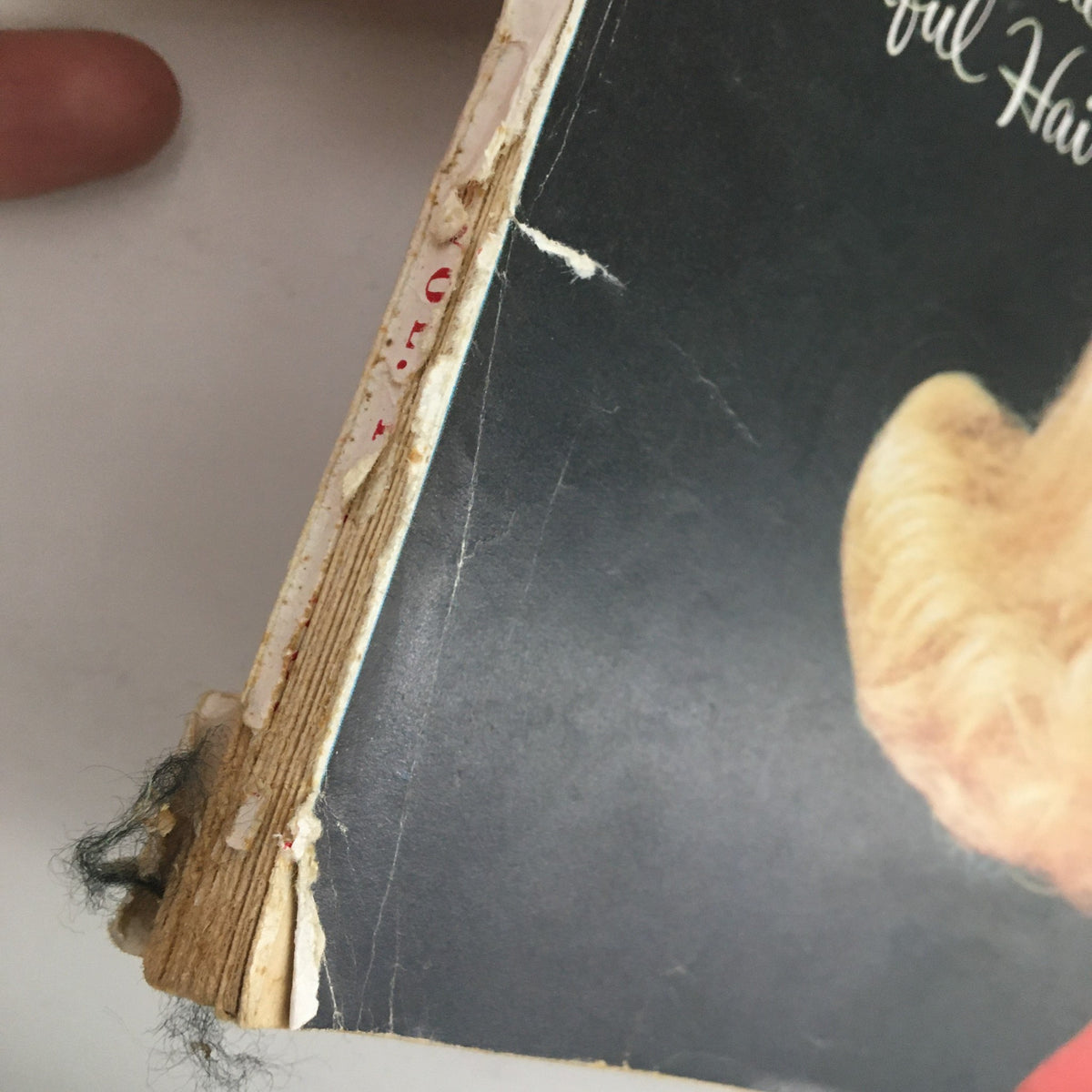 Close-up of the spine of Redbook Magazine February 1958 featuring Marilyn Monroe, showing wear and tear, an authentic vintage collectible.