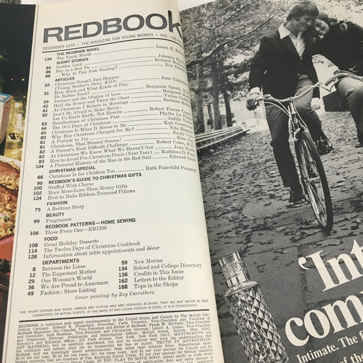 Interior page of Redbook Magazine December 1970, displaying the table of contents, including articles on holiday themes, fashion, and contributions by various authors.