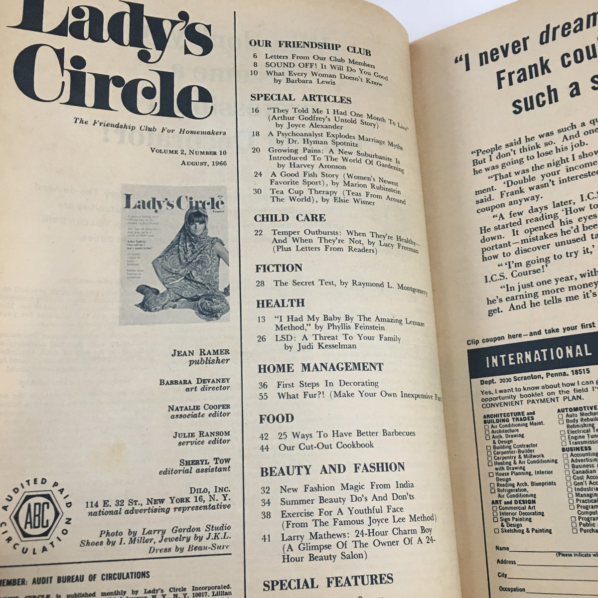 Inside page of Lady's Circle Magazine from August 1966 featuring articles on parenting, health, home management, beauty, and fashion, showcasing the cultural aspects of the 1960s.