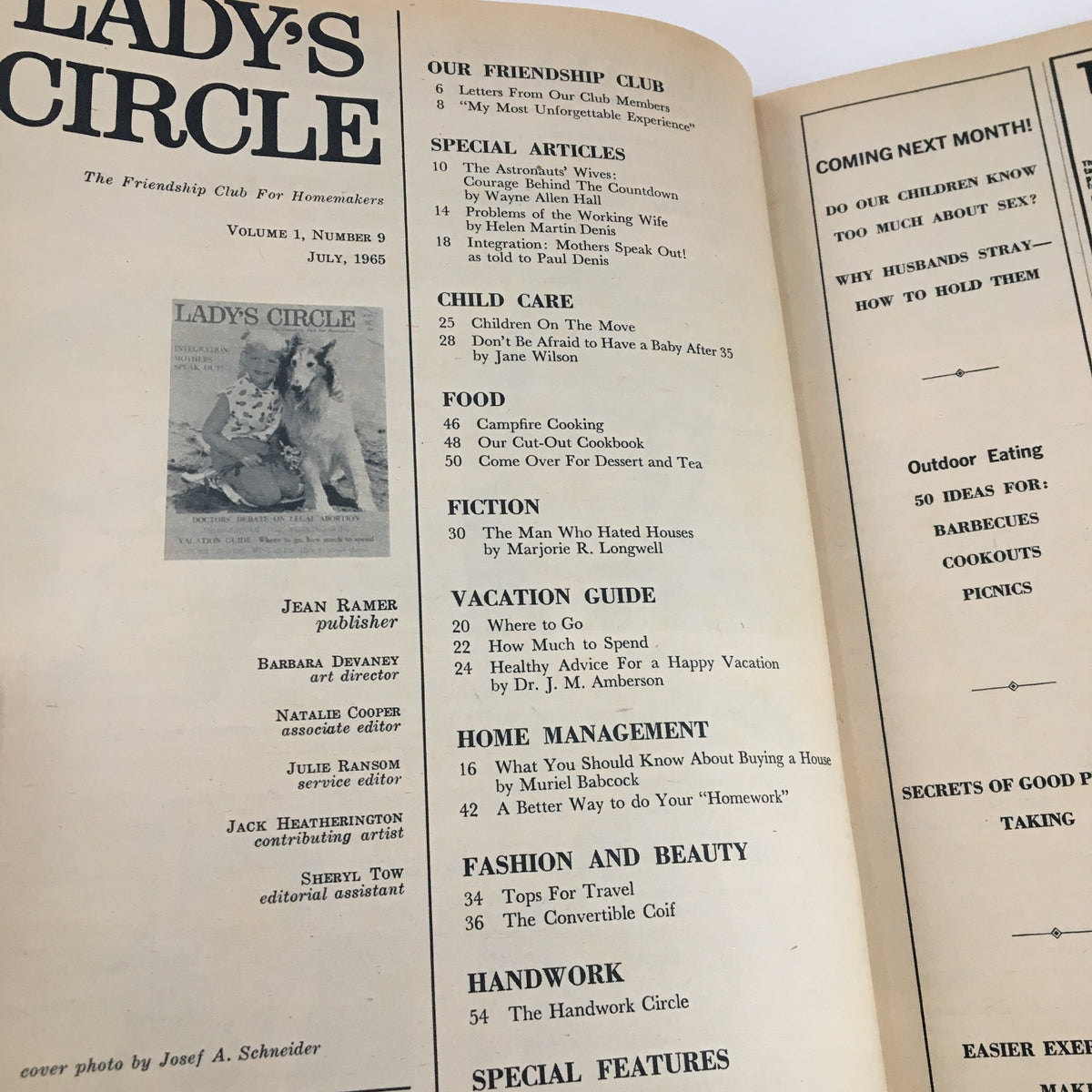 Inside page of Lady's Circle Magazine July 1965 showcasing the contents including articles on child care, food, and home management.
