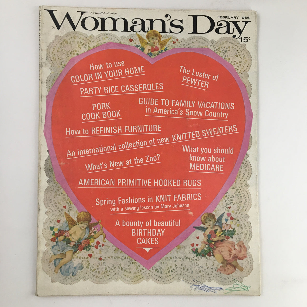 Cover of Woman's Day Magazine February 1966 featuring America’s Snow County Guide, with contents highlighted in a heart design.