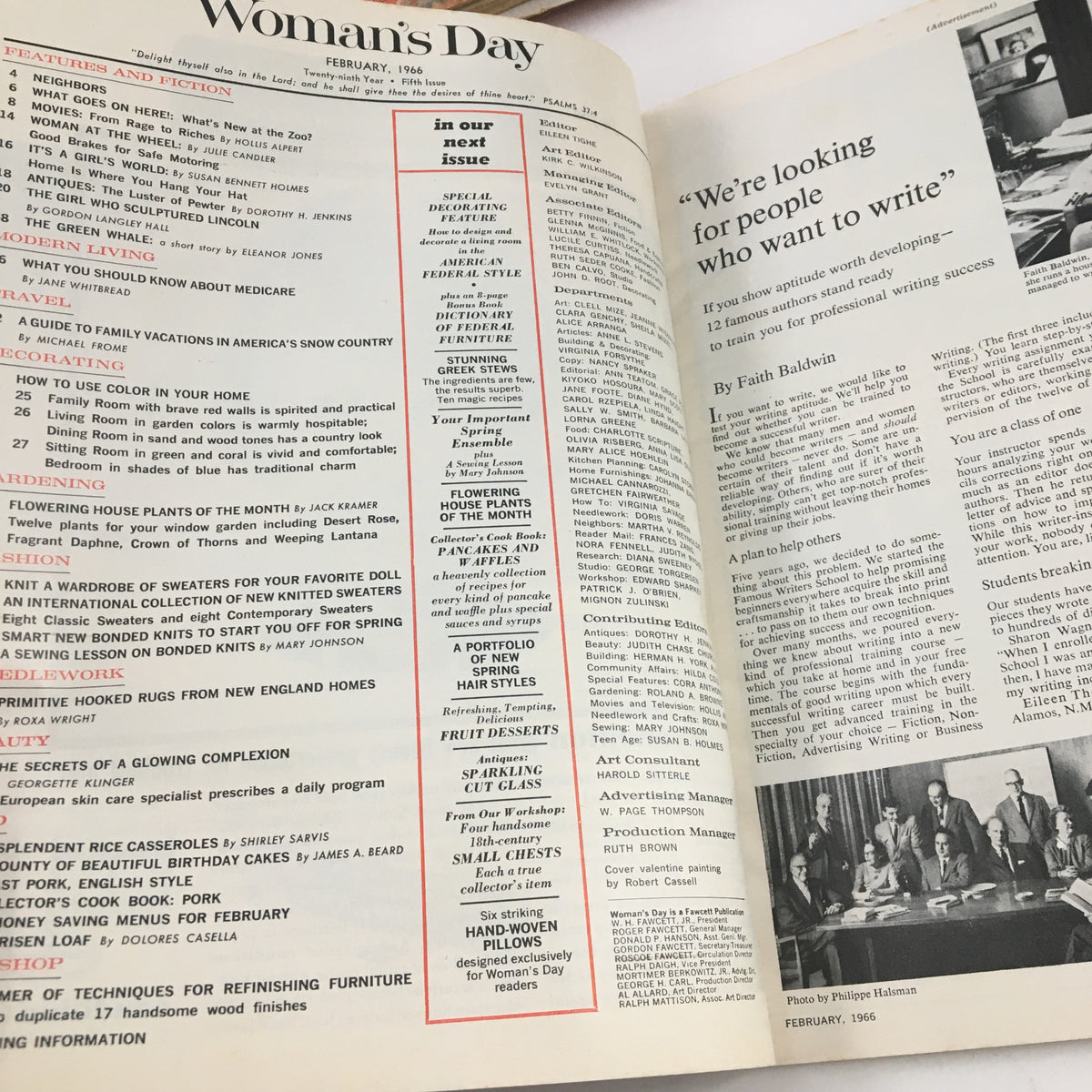 Interior page of Woman's Day Magazine February 1966 showcasing features, articles, and advertisements relevant to 1960s household management.