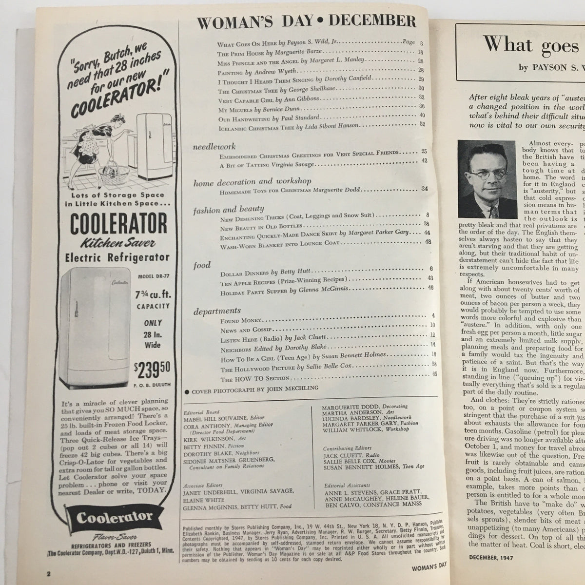 Interior page of Woman's Day Magazine December 1947 showcasing a list of articles, including advertisements and features related to holiday recipes and home decor.