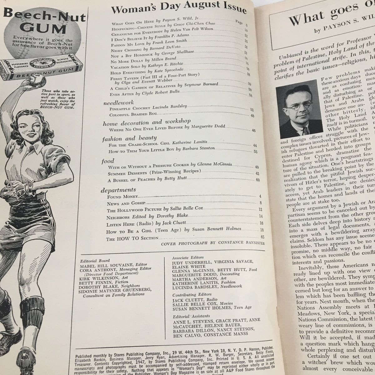 Interior page of Woman's Day Magazine August 1947 showcasing the contents list, highlighting articles and features including 'The Hollywood Picture' by Sallie Belle Cox.