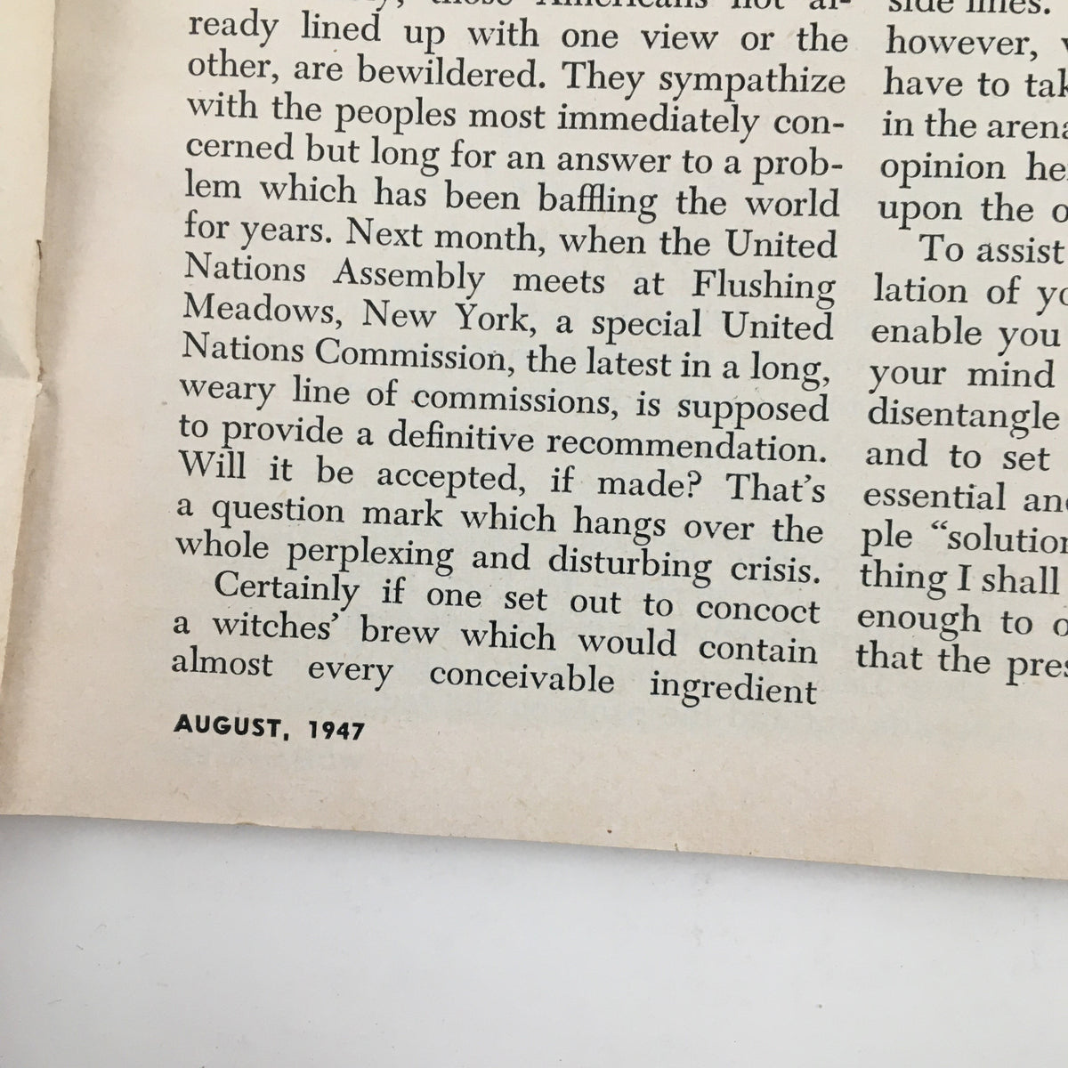 Text page from Woman's Day Magazine August 1947 discussing contemporary issues of the time, further detailing the historical context of the publication.