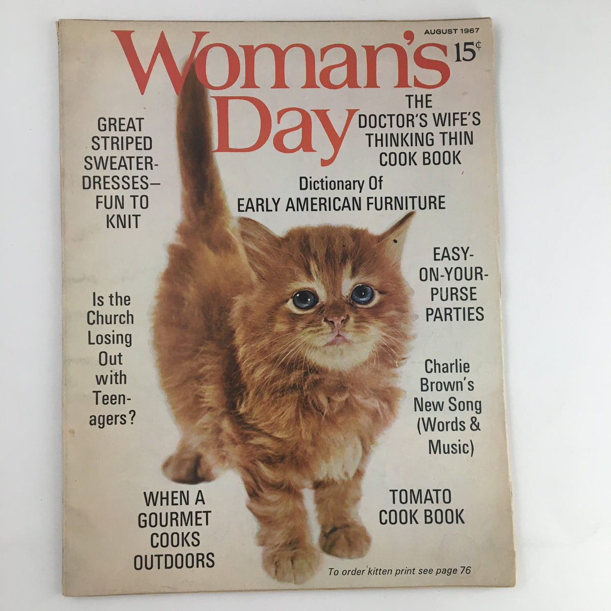 Cover of Woman's Day Magazine, August 1967 featuring the Dictionary of American Furniture. The cover showcases a cute orange kitten, along with text highlights about various articles including cooking, crafting, and social topics popular in the 1960s.