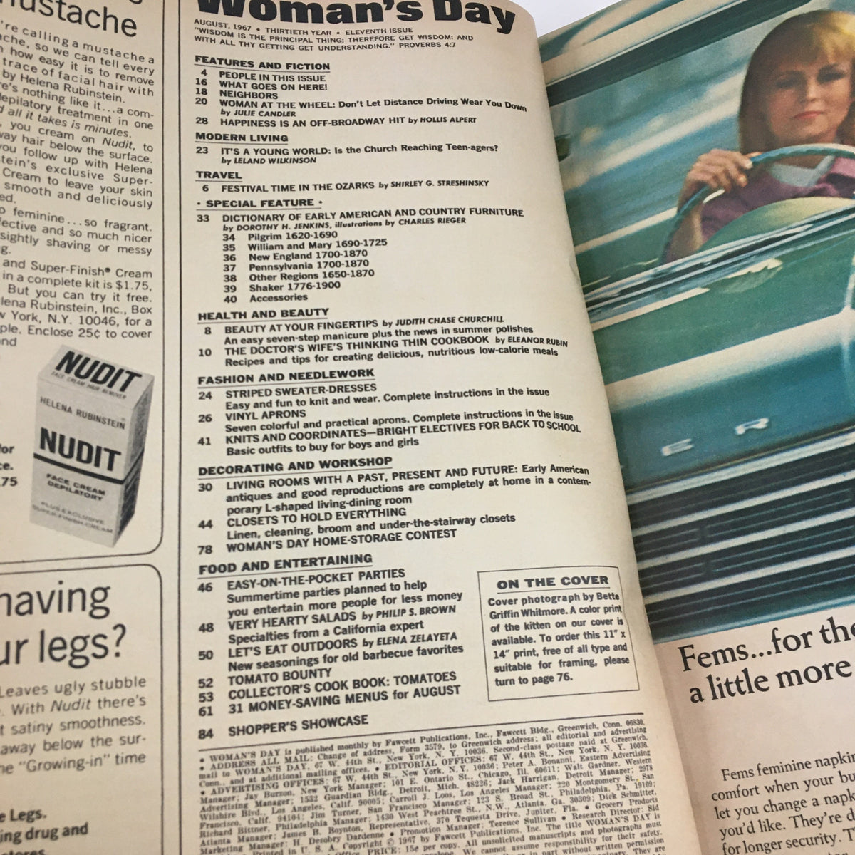 Inside view of Woman's Day Magazine August 1967, featuring table of contents and articles including 'Dictionary of American Furniture' and various lifestyle features.