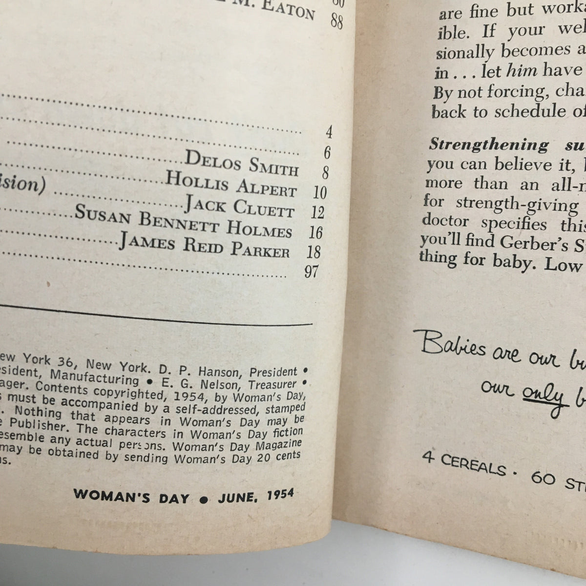 Details from Woman's Day Magazine June 1954, showing a page with article listings and an introduction, emphasizing its informative character.