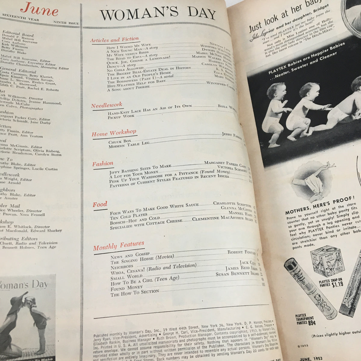 Interior page of Woman's Day Magazine June 1953 displaying the table of contents with various articles and features, reflecting mid-20th century themes.