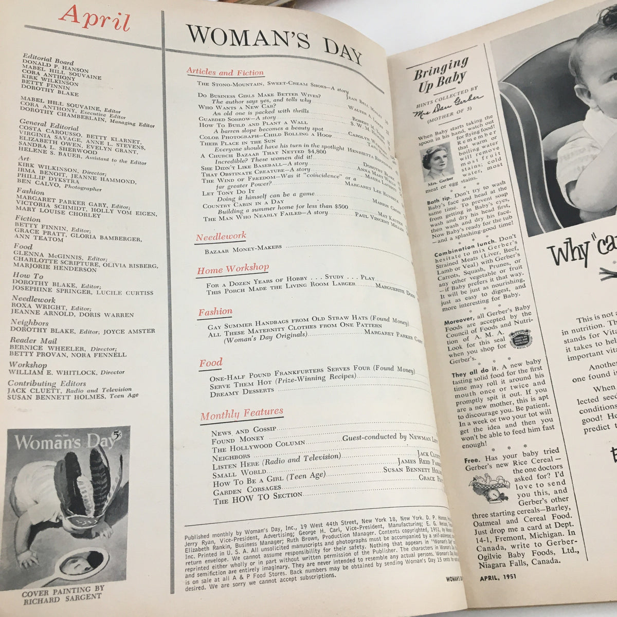 Interior page of Woman's Day Magazine April 1951 displaying the table of contents with sections on articles, food, home workshop, and monthly features.