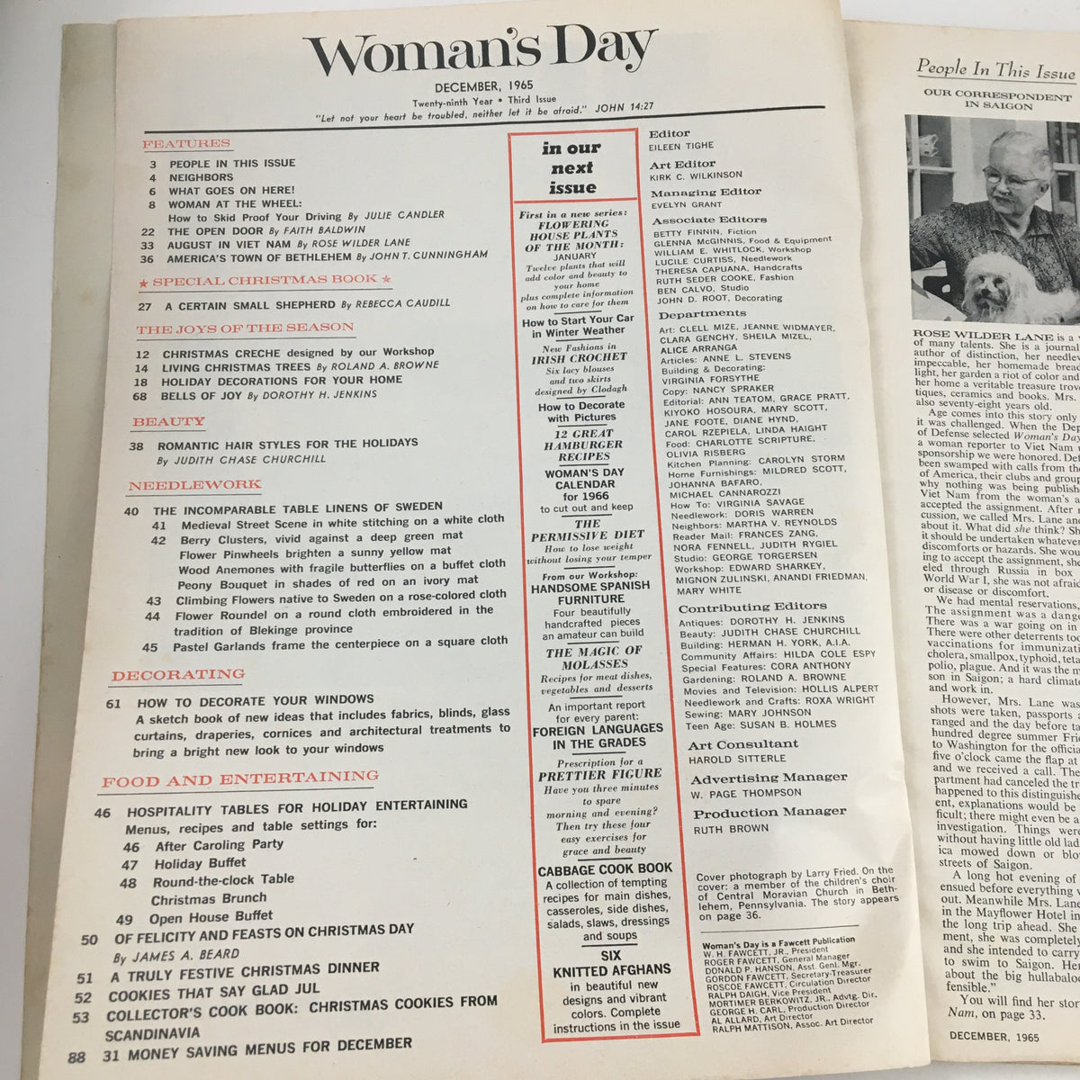 Interior page of Woman's Day Magazine December 1965, displaying features and articles including romantic hair styles for the holidays.
