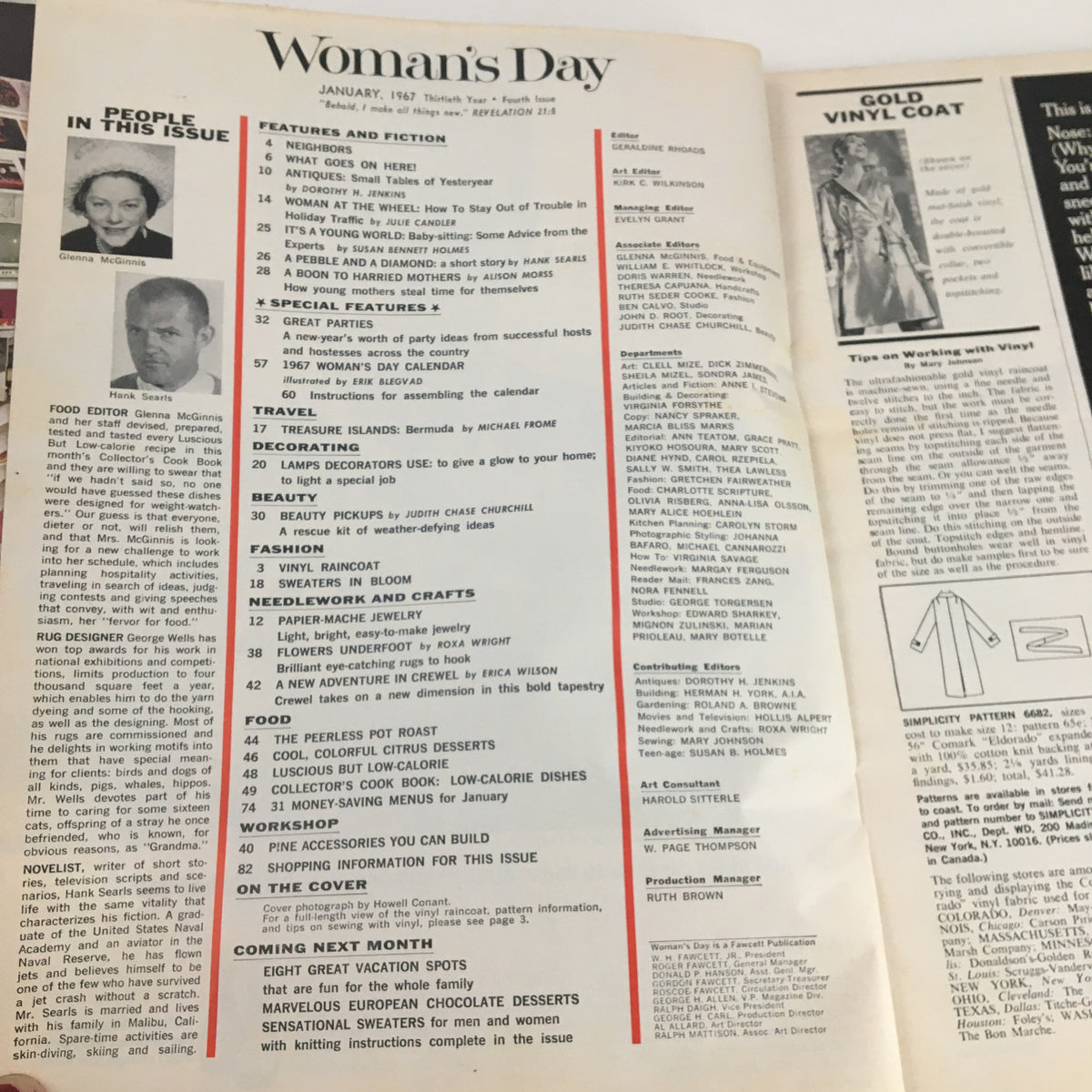Inside page of Woman's Day Magazine January 1967 showcasing the table of contents, featuring articles on cooking, fashion, and home ideas, reflecting the essence of mid-20th century lifestyle.