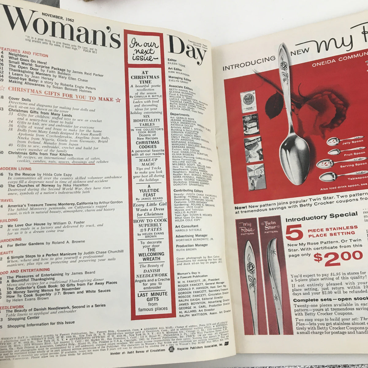 Interior page of Woman's Day Magazine November 1962 showcasing table of contents and advertisements including a featured stainless steel flatware set.