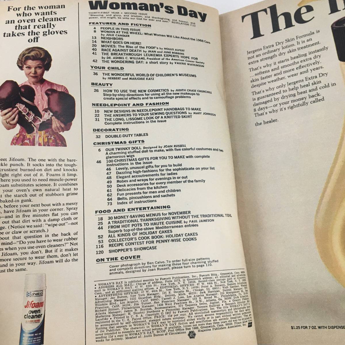 Inside pages of Woman's Day Magazine November 1967 showcasing articles and advertisements, including features on beauty, decorating, and food. A glimpse into 1960s lifestyle.