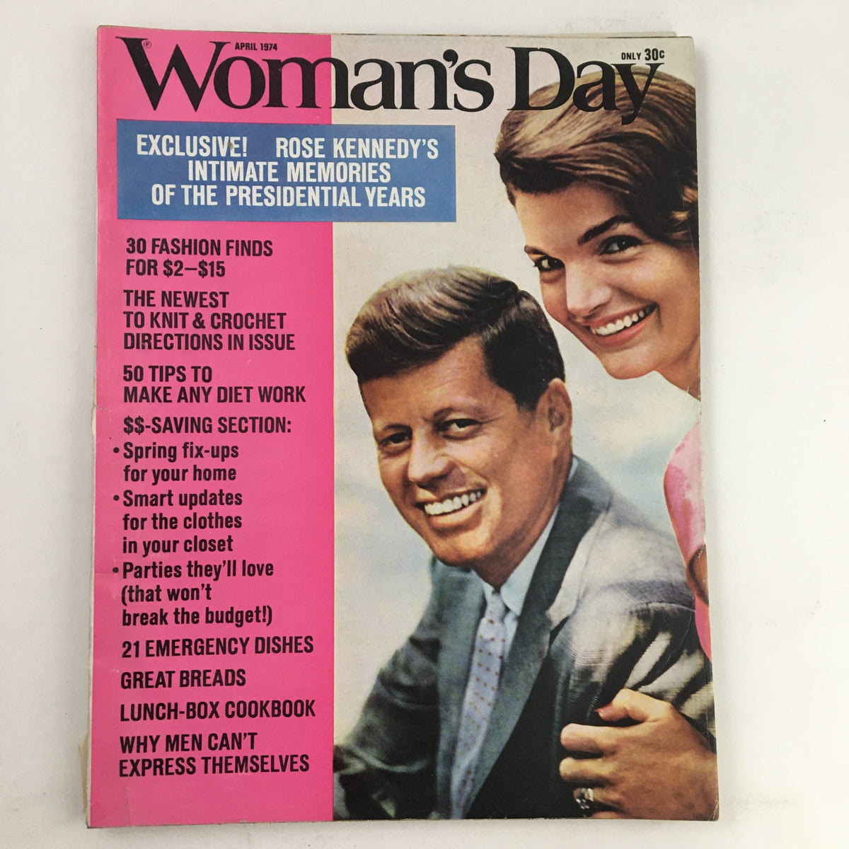 Cover of Woman's Day Magazine April 1974 featuring John F. Kennedy and Jacqueline Kennedy, showcasing vibrant pink elements, articles on fashion, dieting, and home improvements.
