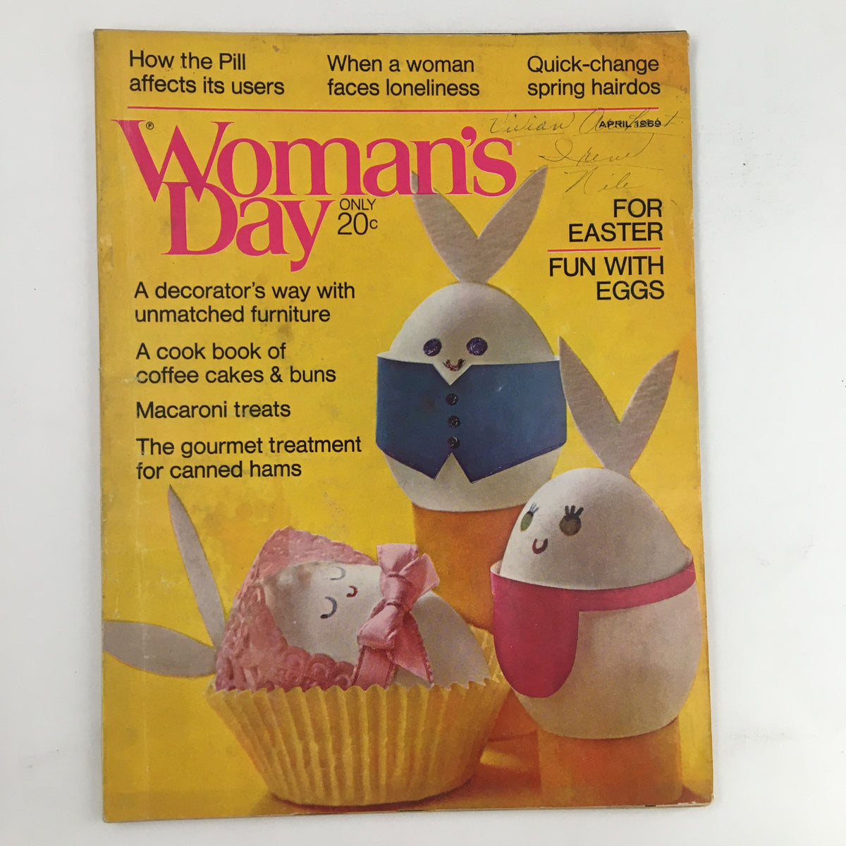 Cover of Woman's Day Magazine April 1969 featuring Easter theme with decorated eggs and a Bunny family, highlighting articles on holiday fun with eggs.