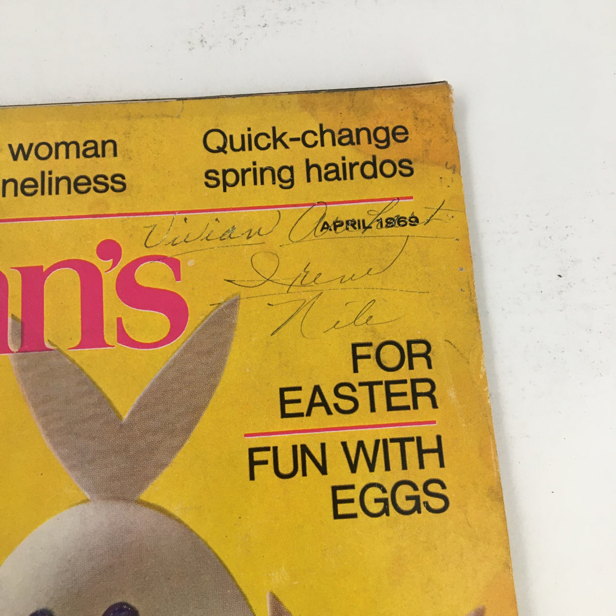 Cover of Woman's Day Magazine April 1969 showcasing Easter-themed design with Bunny family; features handwritten notes at the top.
