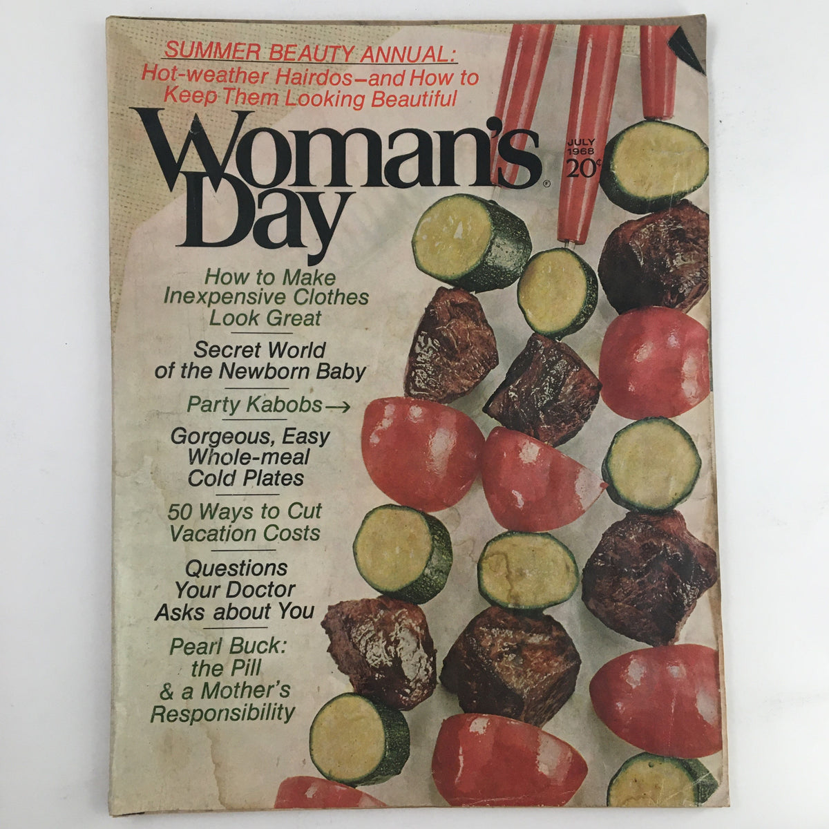 Cover of Woman's Day Magazine July 1968 featuring the title and articles on motherhood and summer beauty tips.