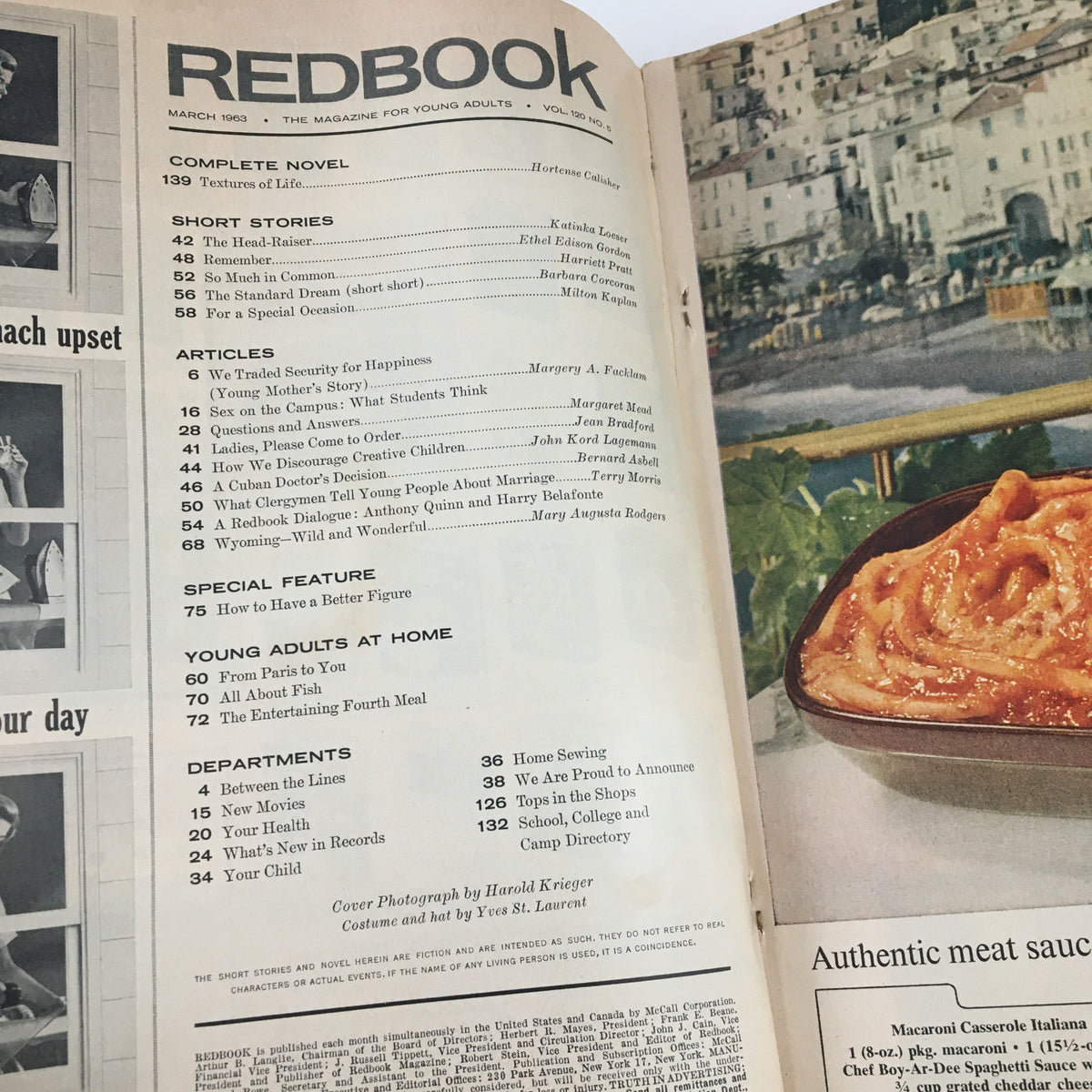 Interior page of Redbook Magazine March 1963, showcasing the table of contents and special features including the discussion by Anthony Quinn and Harry Belafonte.