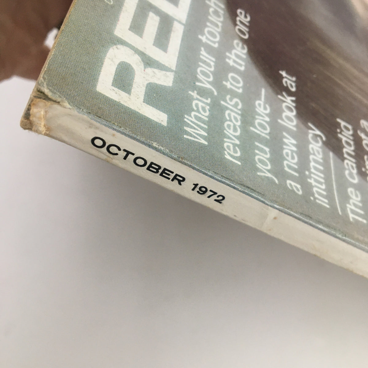 Side view of Redbook Magazine October 1972 spine showing the month and year, emphasizing its vintage publication.