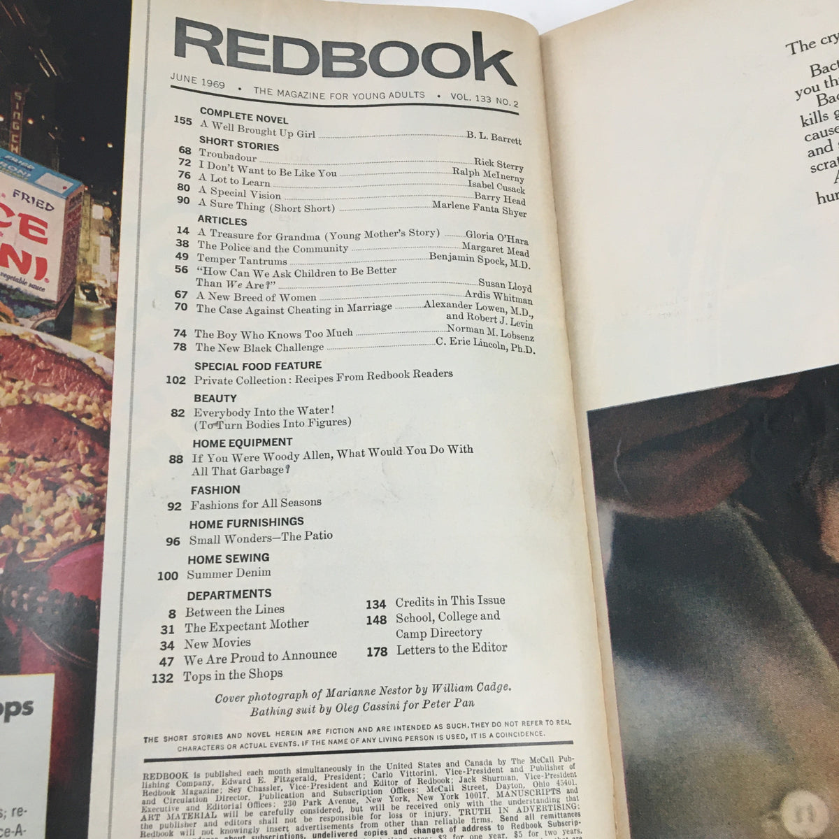 Inside page of Redbook Magazine June 1969, providing contents and features that include a photograph of Marianne Nestor by William Cadge.