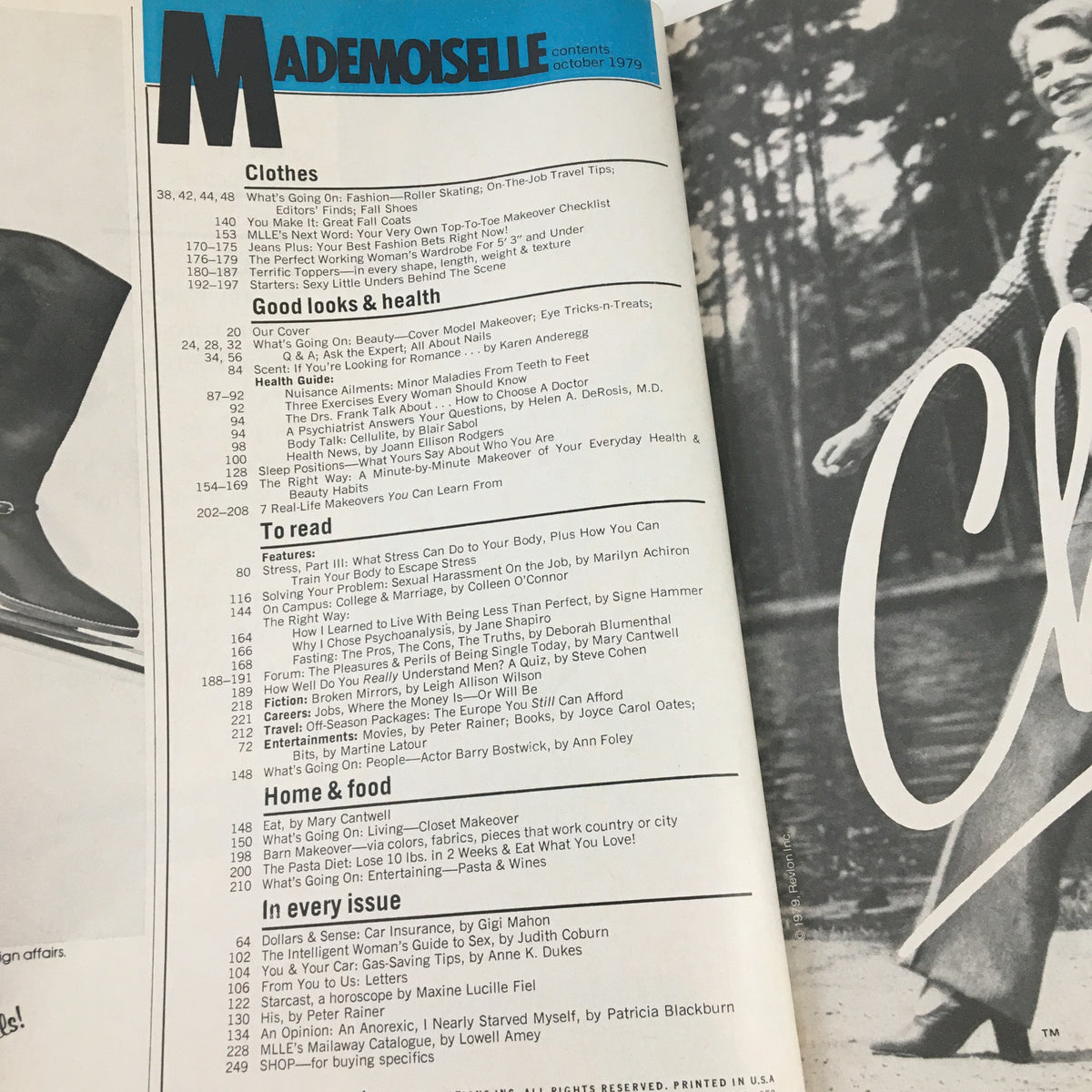 Contents page of Mademoiselle Magazine, October 1979, titled 'The Pleasures & Perils of Being Single Today'. Lists various article topics including fashion, health, and stress management, highlighting the magazine's diverse content.