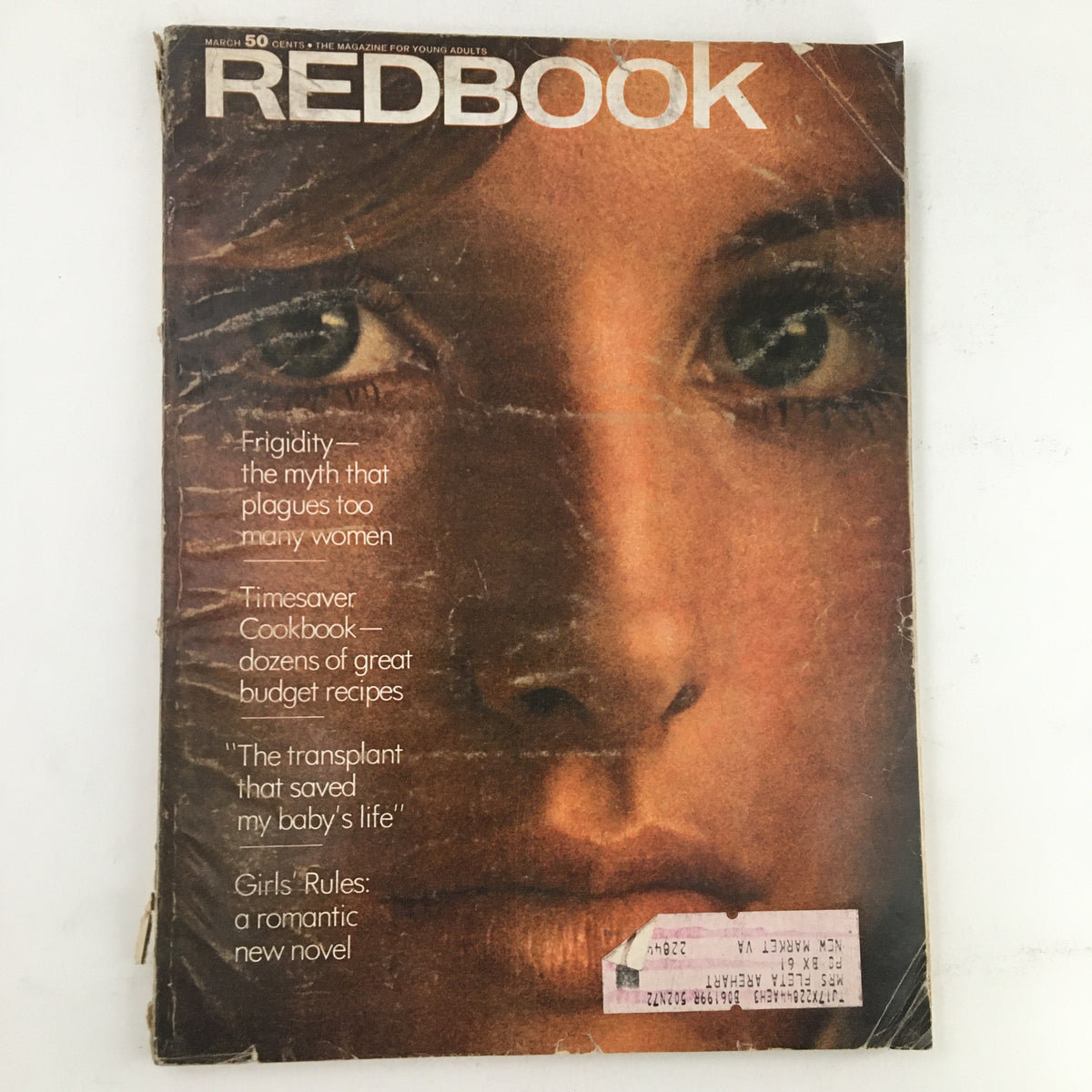Redbook Magazine March 1969 cover photograph featuring Scotia McRae by William Cadge, showcasing a close-up of a woman's face with noticeable vintage wear and a price tag on the cover.