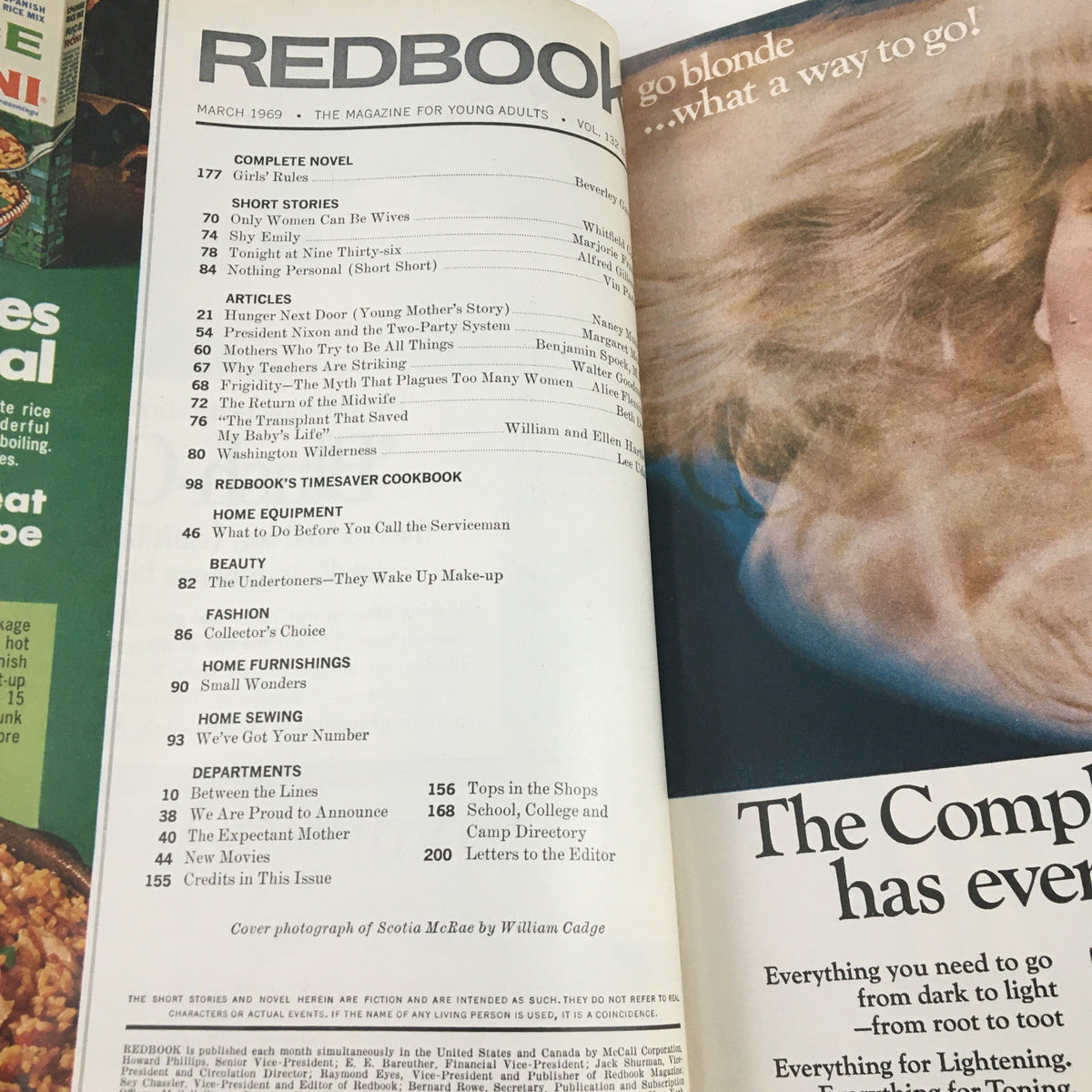 Inside page of Redbook Magazine March 1969 featuring a detailed table of contents, including articles on beauty, fashion, and home furnishings, alongside a cover photograph of Scotia McRae by William Cadge.