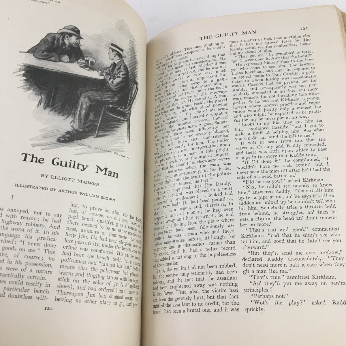 Page featuring the story 'The Guilty Man' illustrated by Arthur William Brown in The Redbook Magazine May 1910.