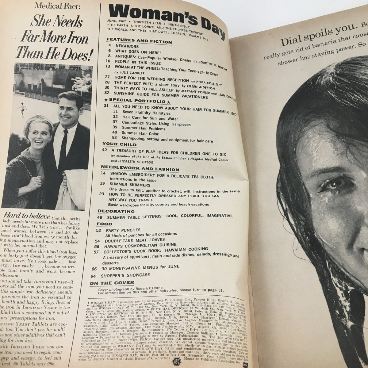 Inside page of Woman's Day Magazine June 1967 displaying the table of contents, listing features on summer vacation tips and family advice.