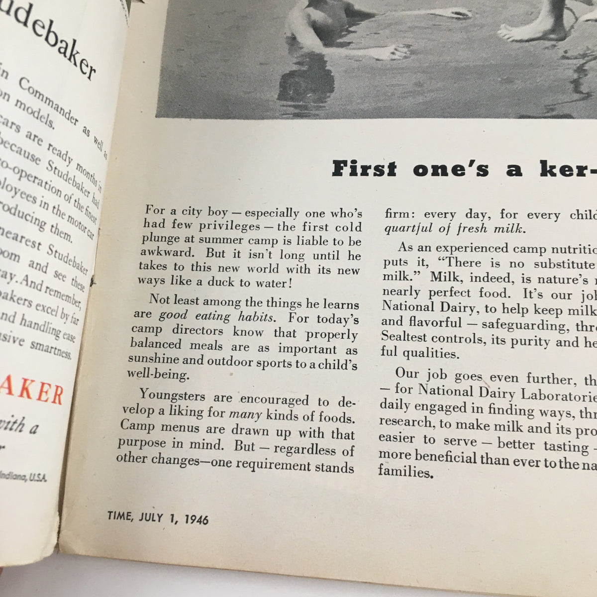 Time Magazine July 1 1946, displaying an article page discussing summer camp experiences and nutrition for children, highlighting important childhood habits in the post-war context.