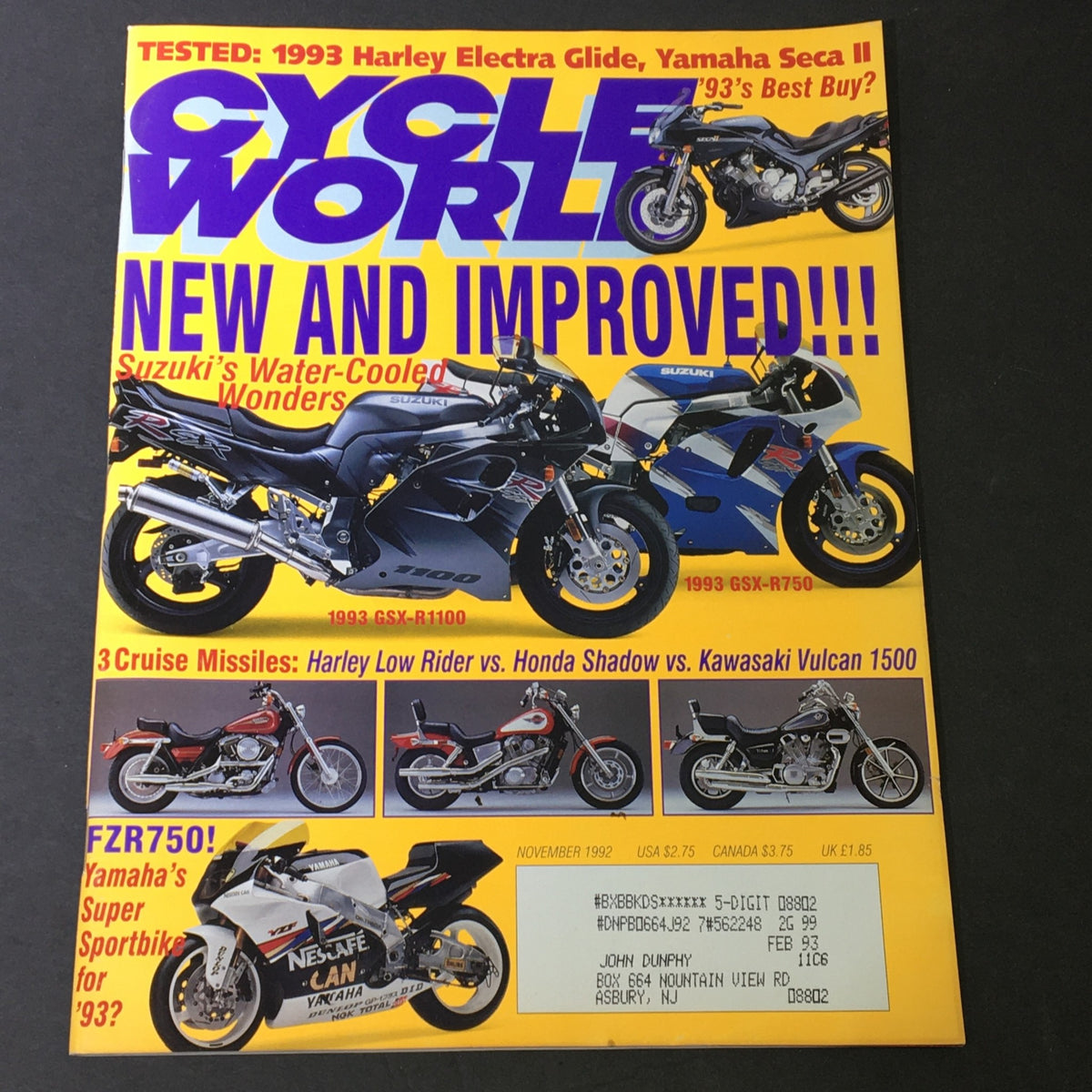 Cycle World Magazine Cover from November 1992 featuring the 1993 Harley Electra Glide and Yamaha Seca II, showcasing a collage of motorcycles including Suzuki GSX-R models and a variety of cruiser bikes. This vintage magazine highlights motorcycle culture and design from the early '90s.