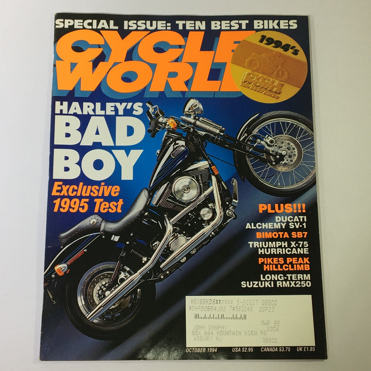 Cycle World Magazine October 1994 featuring Harley's Bad Boy on the cover, alongside highlights of Ducati Alchemy SV-1, Bimota SB7, and Suzuki RMX250.