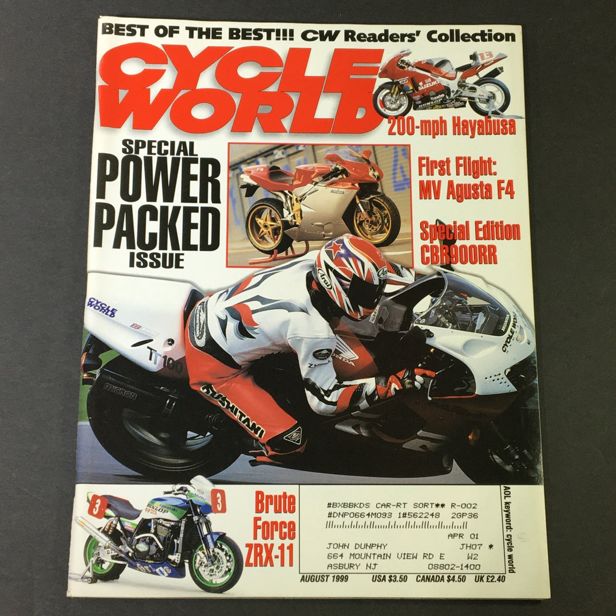 Cycle World Magazine August 1999 cover featuring the 200-mph Hayabusa motorcycle, MV Agusta F4, and CBR900RR, showcasing a special power-packed issue with vibrant visuals and motorcycle highlights.