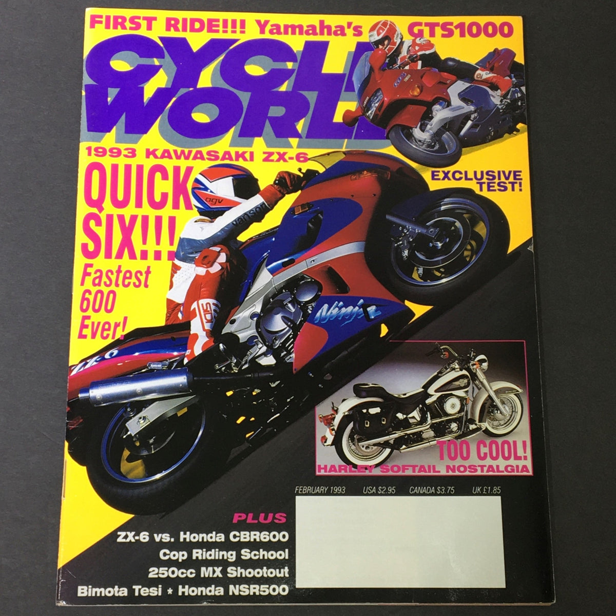 Cycle World Magazine February 1993 cover featuring Yamaha GTS1000, Kawasaki ZX-6, and Honda CBR600 with vibrant graphics and motorcycle imagery.