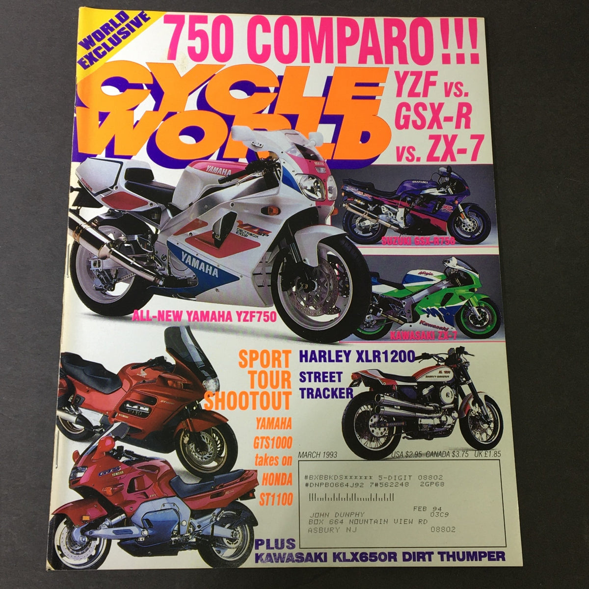 Cycle World Magazine March 1993 cover featuring a 750 comparo of Yamaha YZF750, Suzuki GSX-R, and Kawasaki ZX-7, along with highlights of other featured motorcycles.