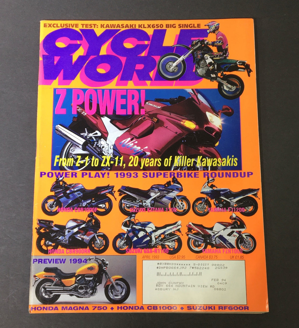 Cycle World Magazine April 1993 - Kawasaki Ninja Z-1 to ZX-11 / Honda CBR1000P