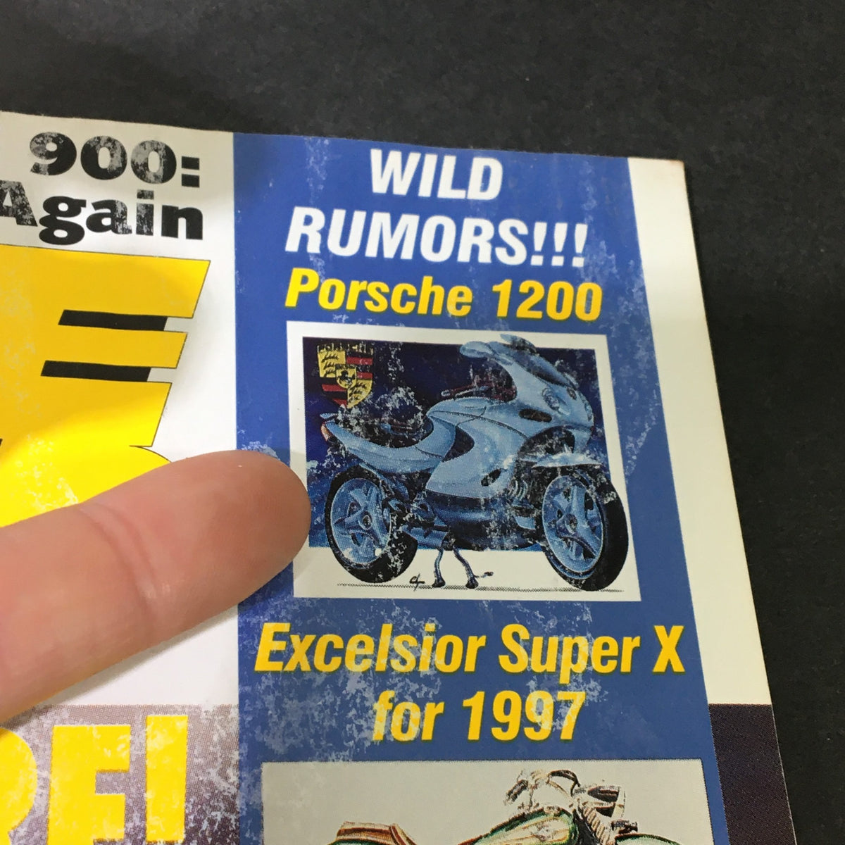 Another close-up from Cycle World Magazine March 1995, emphasizing the 'WILD RUMORS!!!' featuring details about the Porsche 1200 motorcycle.