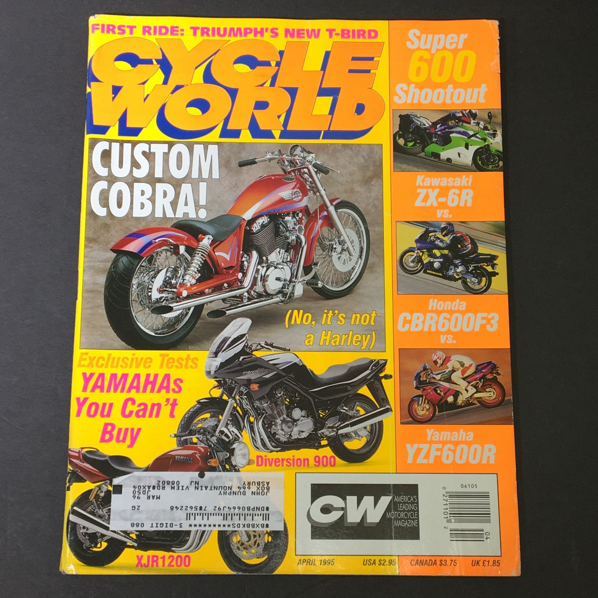 Cover of Cycle World Magazine April 1995 featuring a comparison of Kawasaki ZX-6R, Honda CBR600F3, and Yamaha YZF600R sportbikes. Highlights include the custom Cobra motorcycle and an overview of exclusive tests.