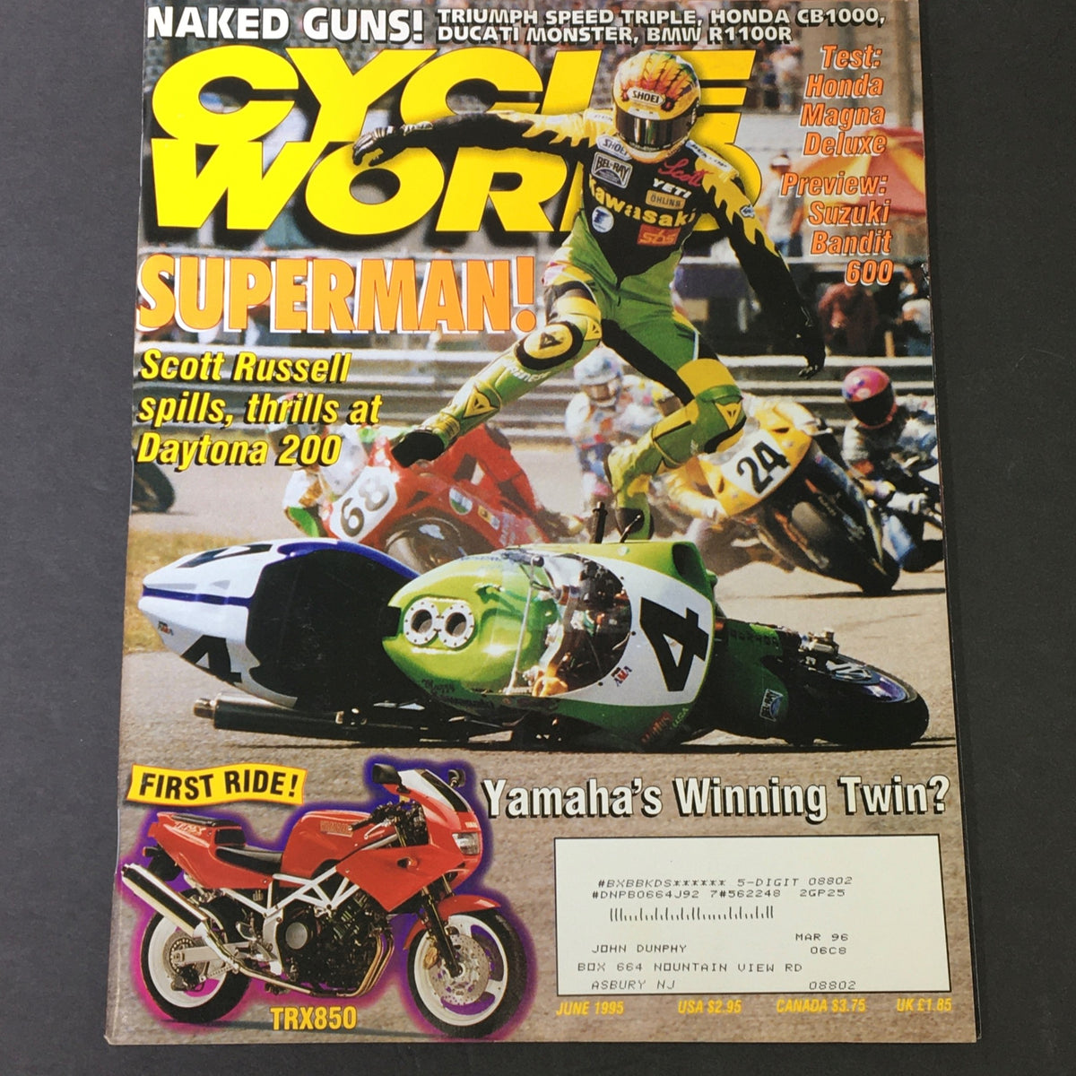 Cycle World Magazine June 1995 cover featuring Suzuki Bandit 600 and Scott Russell at Daytona 200, showcasing vibrant motorcycle racing action.