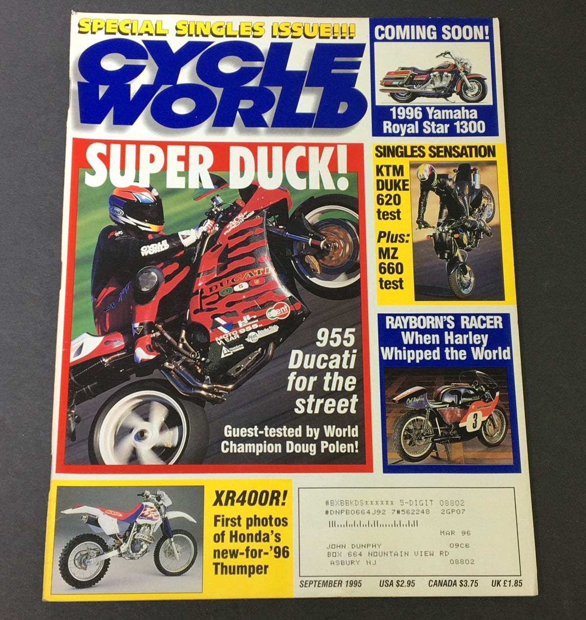 Cycle World Magazine September 1995 featuring the 955 Ducati motorcycle on the cover, highlighting features such as the Yamaha Royal Star 1300 and various motorcycle reviews.