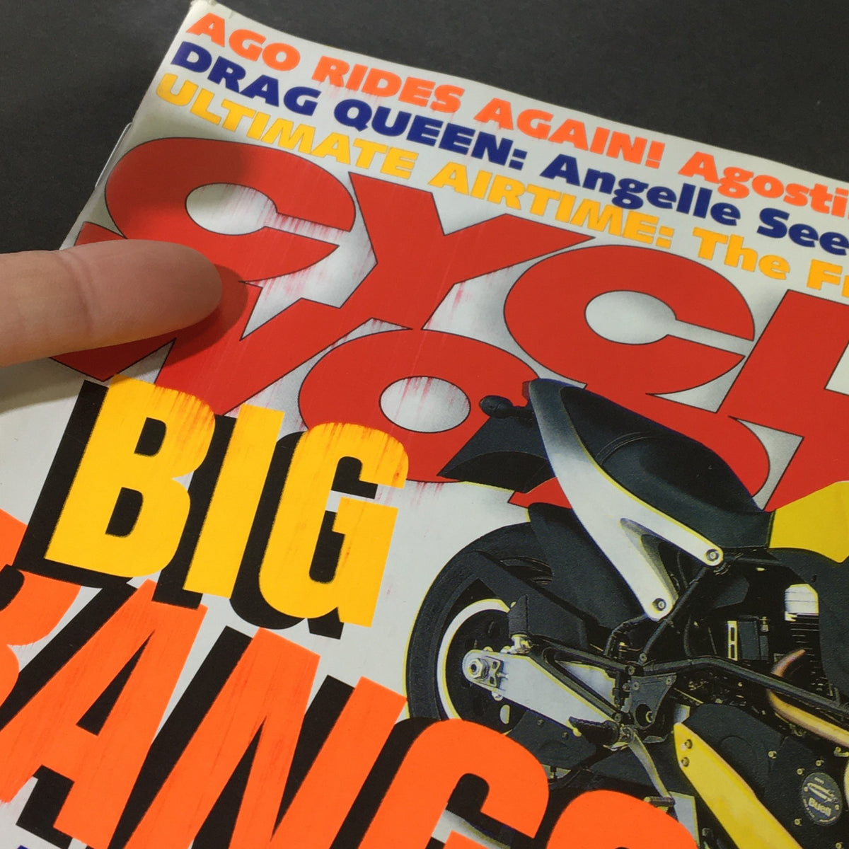Close-up of Cycle World Magazine September 1988 cover highlighting the headline 'BIG BANGS!' with visible wear marks and the Buell X1 motorcycle image, indicative of its collectible condition.