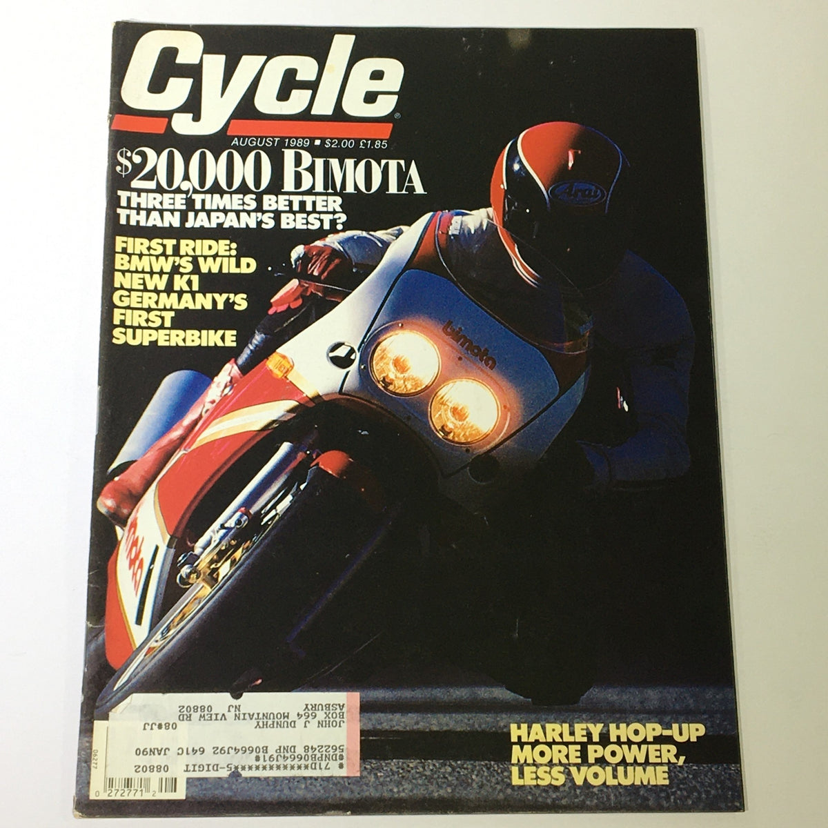 VTG Cycle Magazine August 1989 featuring BMW K1 and Harley Davidson with the headline 'More Power Less Volume', showcasing a motorcycle on the cover.