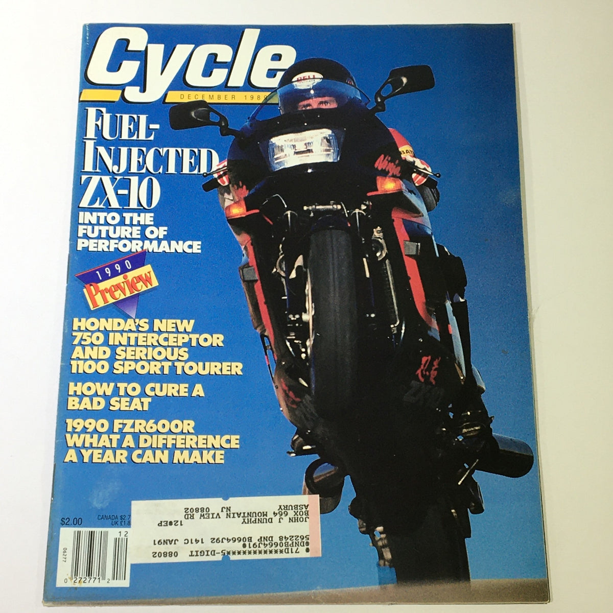 Cover of VTG Cycle Magazine December 1989 featuring the Fuel Injected ZX-10 motorcycle and Honda 750 Interceptor, highlighting innovations and features from the late 80s motorcycle scene.