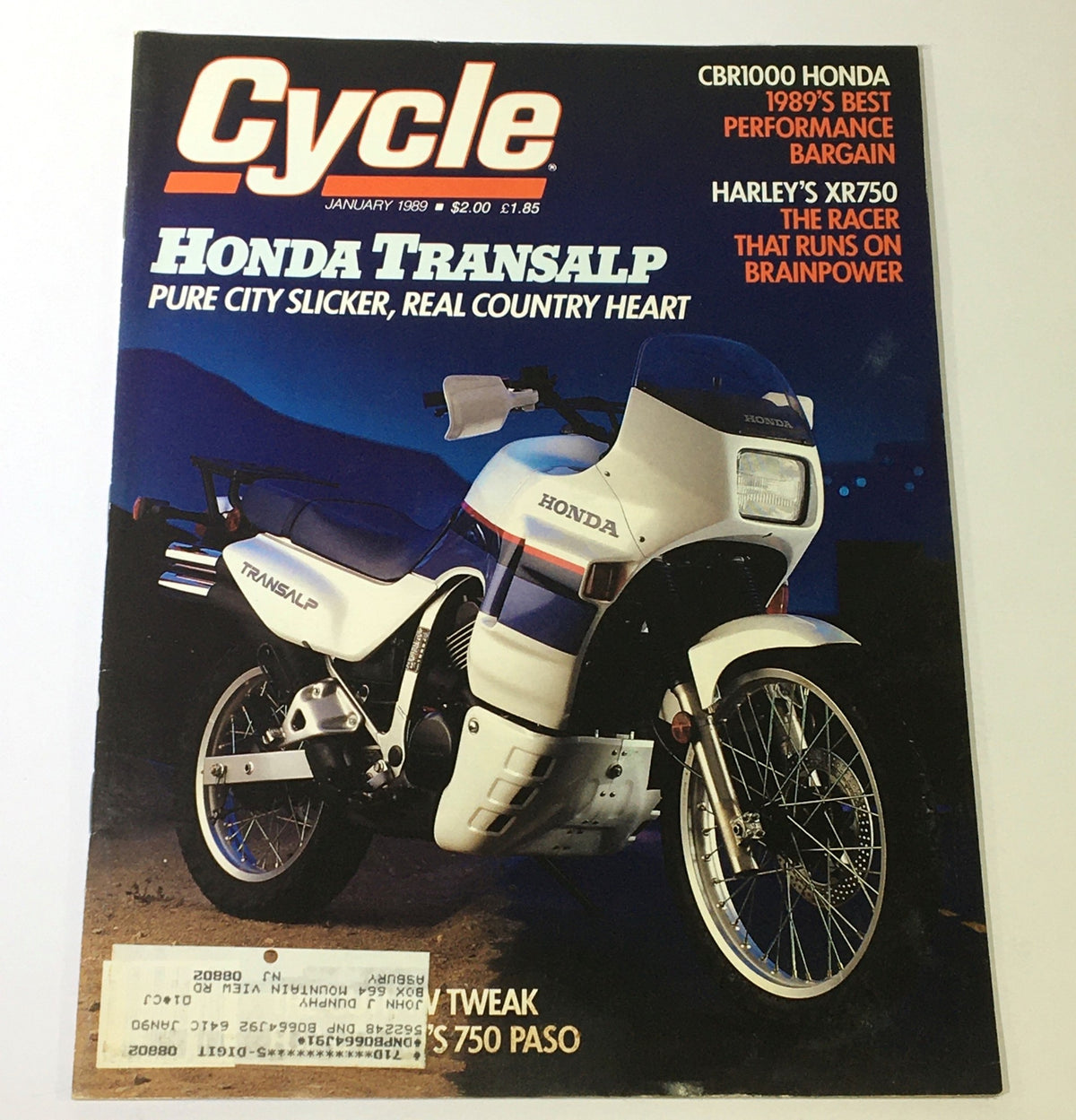 Cover of Cycle Magazine January 1989 featuring Honda Transalp motorcycle and articles on Honda CBR1000 and Harley XR750, showcasing vintage motorcycle culture.