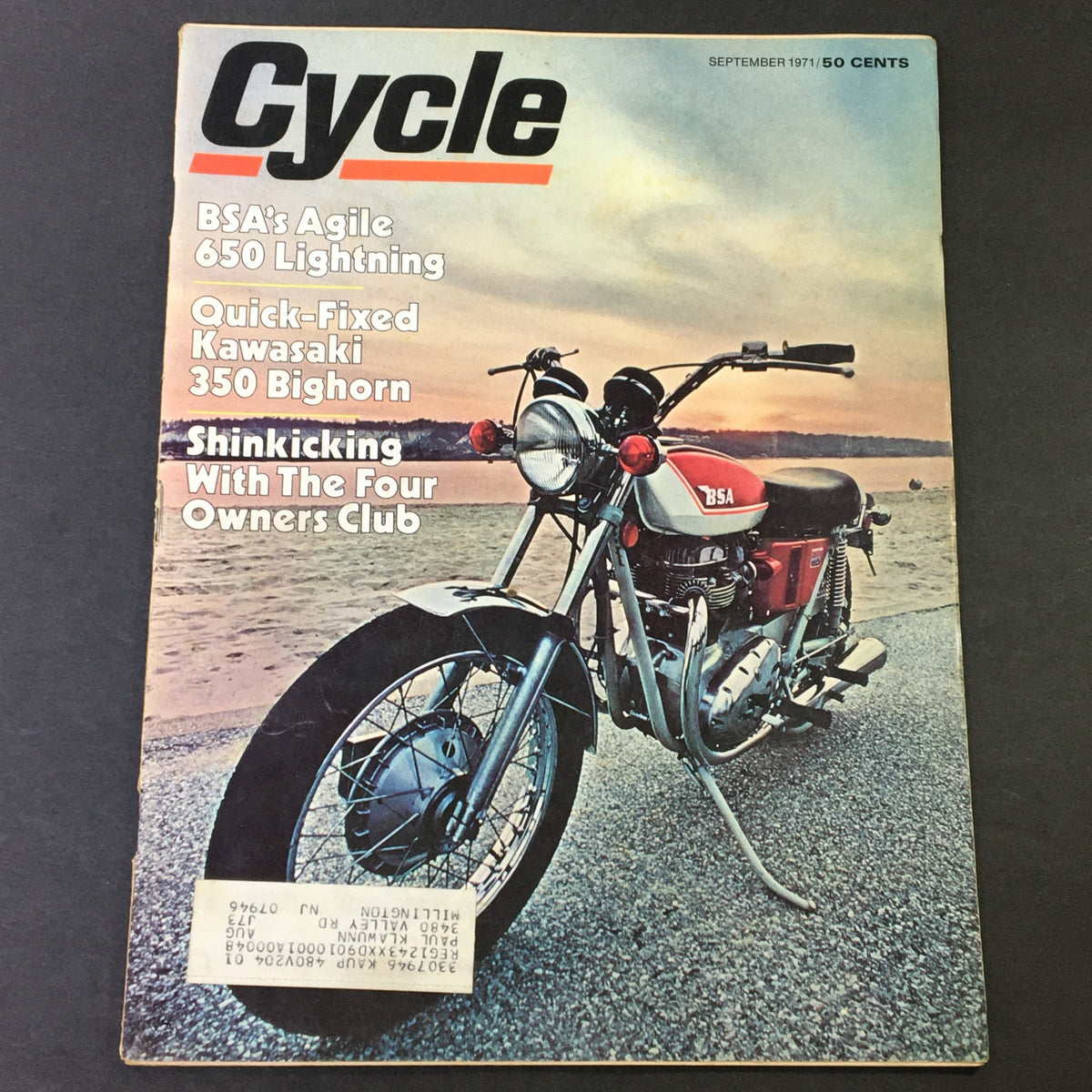 Cover of VTG Cycle Magazine September 1971 featuring BSA Agile 650 Lightning and Kawasaki 350 Bighorn, showcasing a motorcycle on the beach.