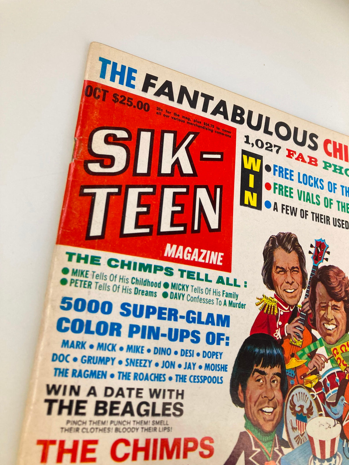 Close-up view of the SIKE-TEEN Magazine cover highlighting the title 'SIKE-TEEN' and details about the magazine's featured content including the headline 'THE CHIMPS TELL ALL' and promotional items.