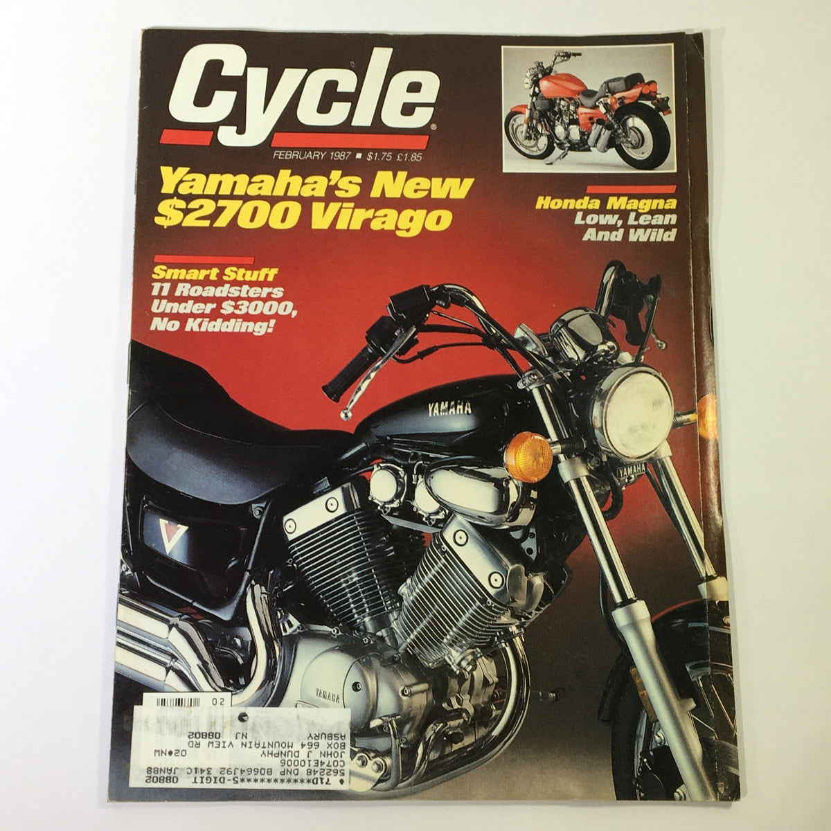 Cover of VTG Cycle Magazine February 1987 featuring Yamaha's New $2700 Virago motorcycle and Honda Magna with a bold title and vintage design.