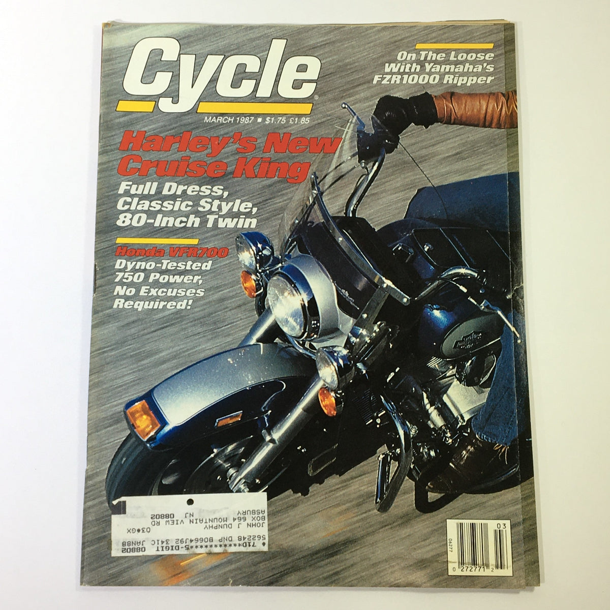 Cycle Magazine March 1987 featuring Harley's New Cruise King motorcycle, Honda VFR700, and Yamaha FZR1000. The cover highlights the classic motorcycle style and includes a protective plastic covering.